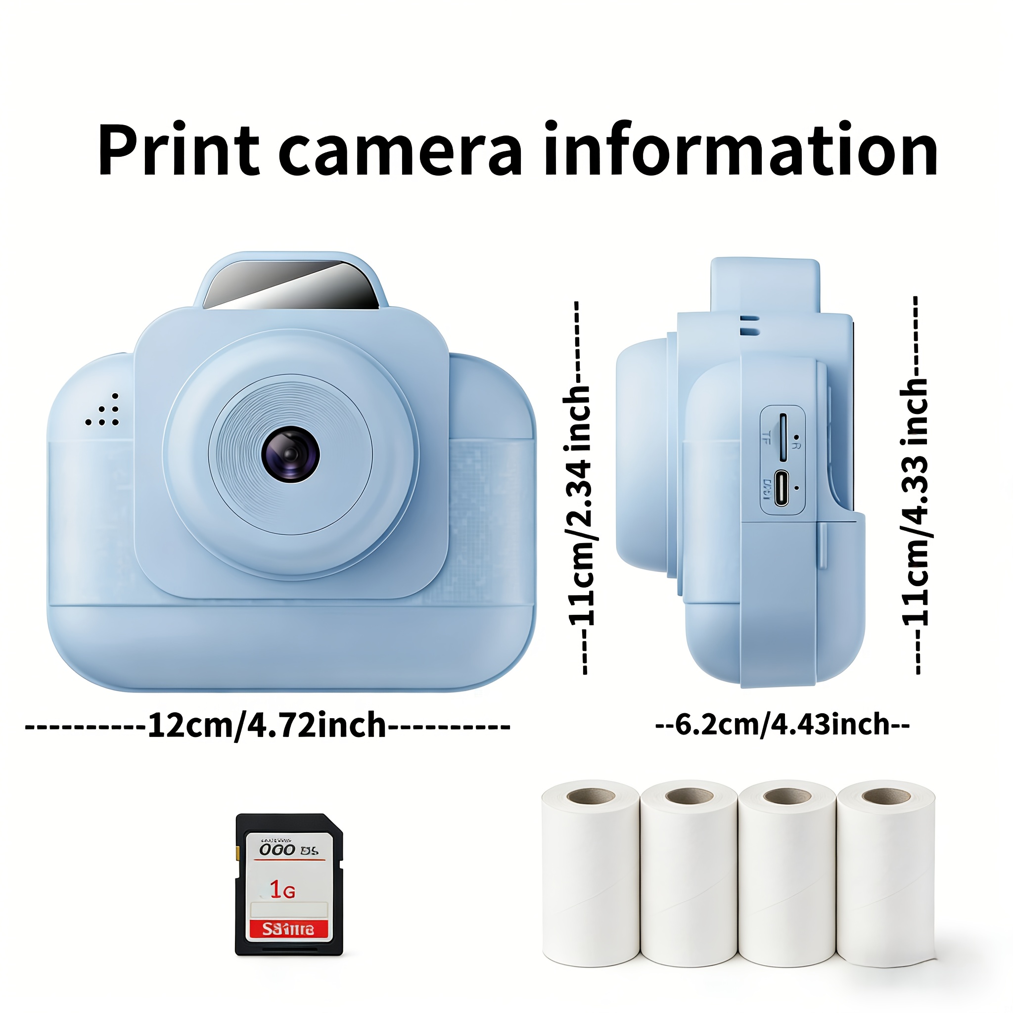 Photo Printer - 휴대용 포토 프린터(블루) 충전식 배터리와 4롤의